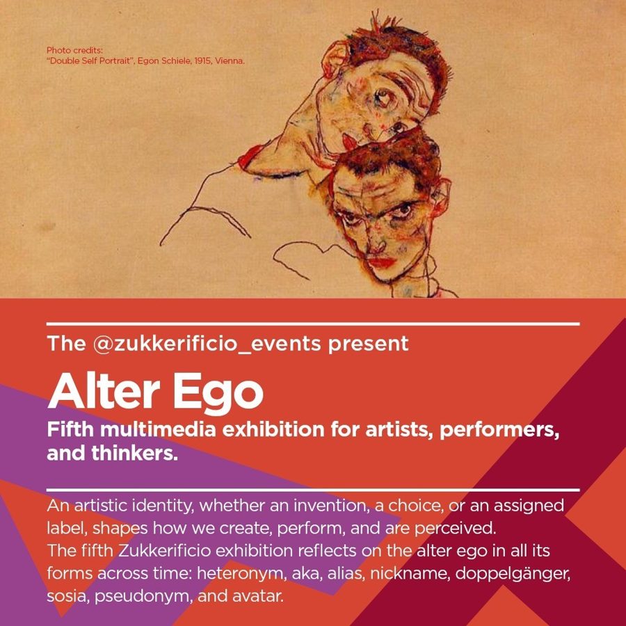 Event flyer for Alter Ego, the fifth Zukkerificio multimedia exhibition for artists, performers and thinkers, illustrated with Egon Schiele's 1915 Double Self Portrait.
