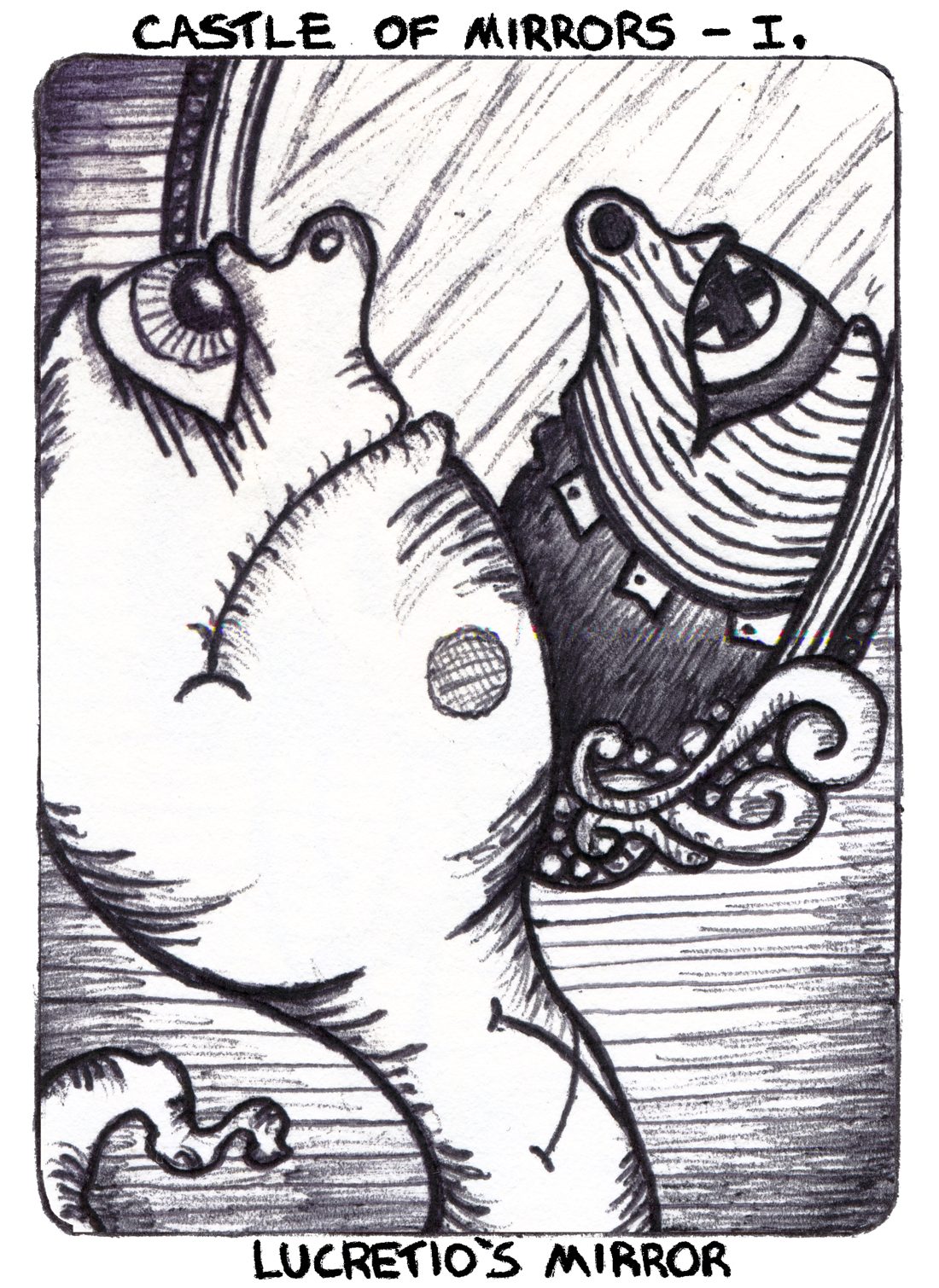 Story card, Castle of Mirrors I: Lucretio's Mirror. Pen drawing of two strange creatures facing each other through an ornate mirror.