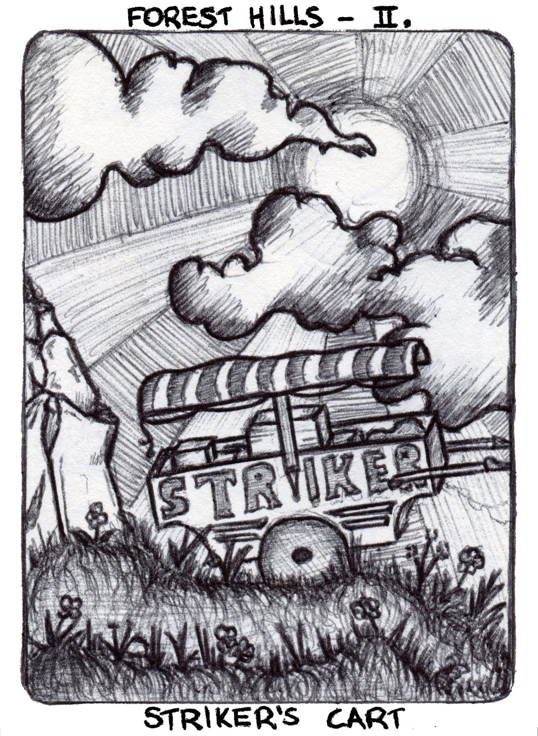 Story card, Forest Hills II: Striker's Cart. Pen drawing of a striped market cart on a grassy hill under billowing clouds.
