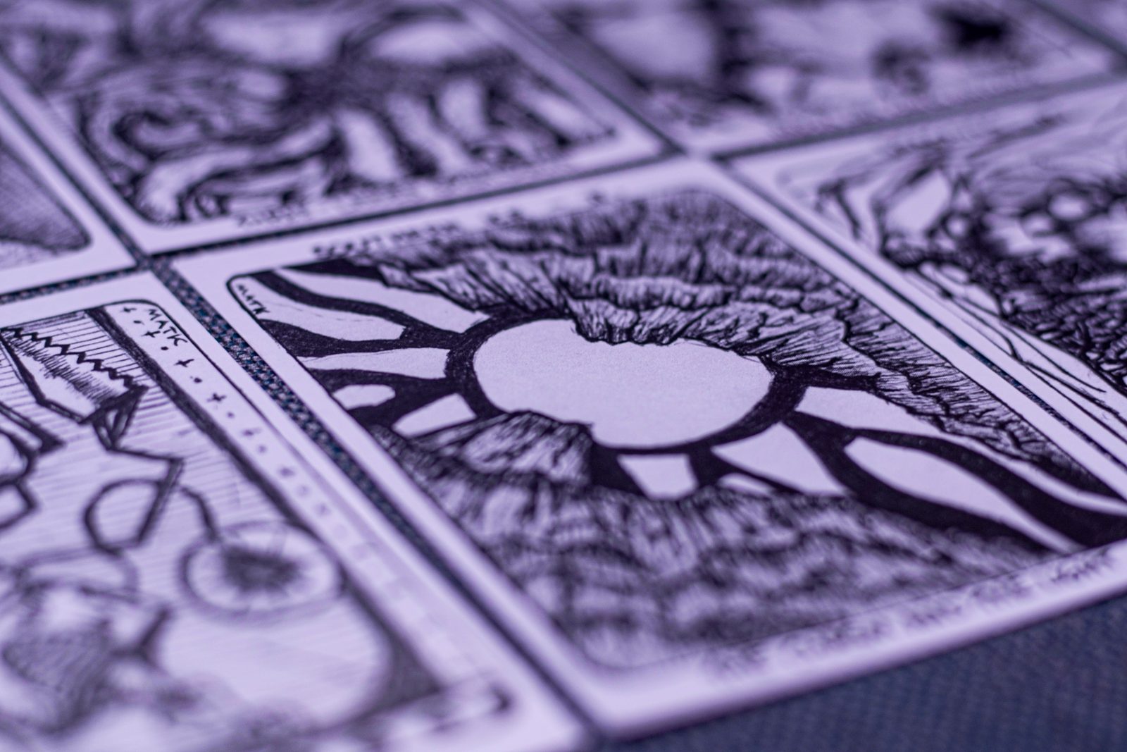 Close-up of the story cards' pen drawings.